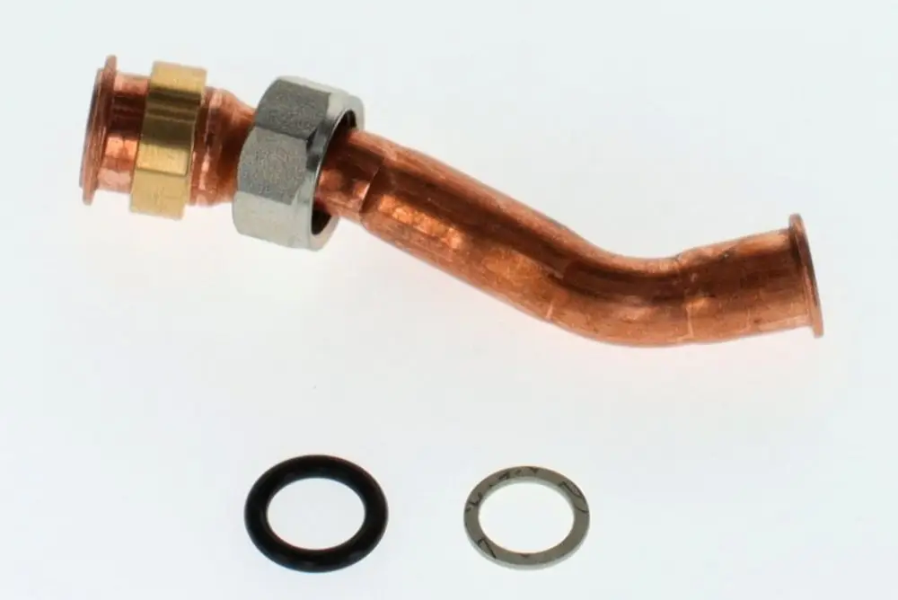 Kupferrohr mit gebogenem Ende und Verbindungselementen. Enthält zwei Dichtungsringe. Produkt von Bosch.